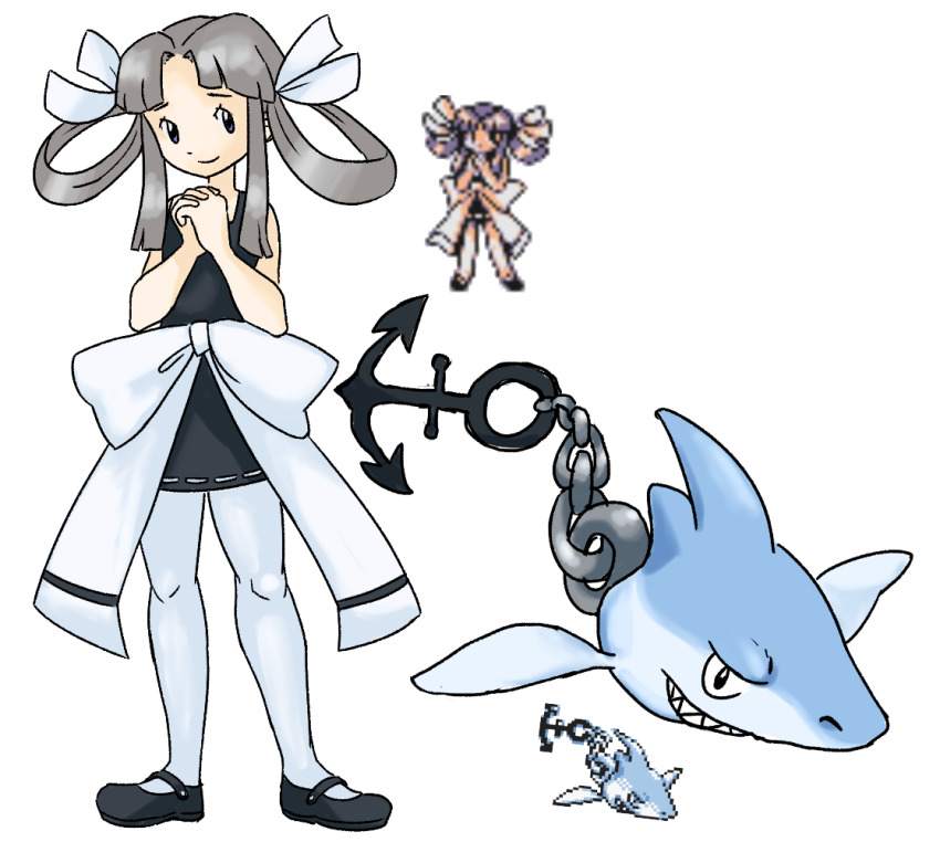1girl, anchor, bare_arms, black_dress, black_footwear, chain, closed_mouth, commentary, dress, english_commentary, eyelashes, grey_hair, hair_ribbon, hair_rings, hands_up, ikari_(pokemon), interlocked_fingers, jasmine_(pokemon), knees, long_hair, nintendo, own_hands_together, pantyhose, pokemon, pokemon_(creature), pokemon_gold/silver/crystal_(prototype), prototype_design, ribbon, shoes, shof, short_dress, sidelocks, sleeveless, sleeveless_dress, smile, sprite, standing, transparent_background, white_pantyhose, white_ribbon