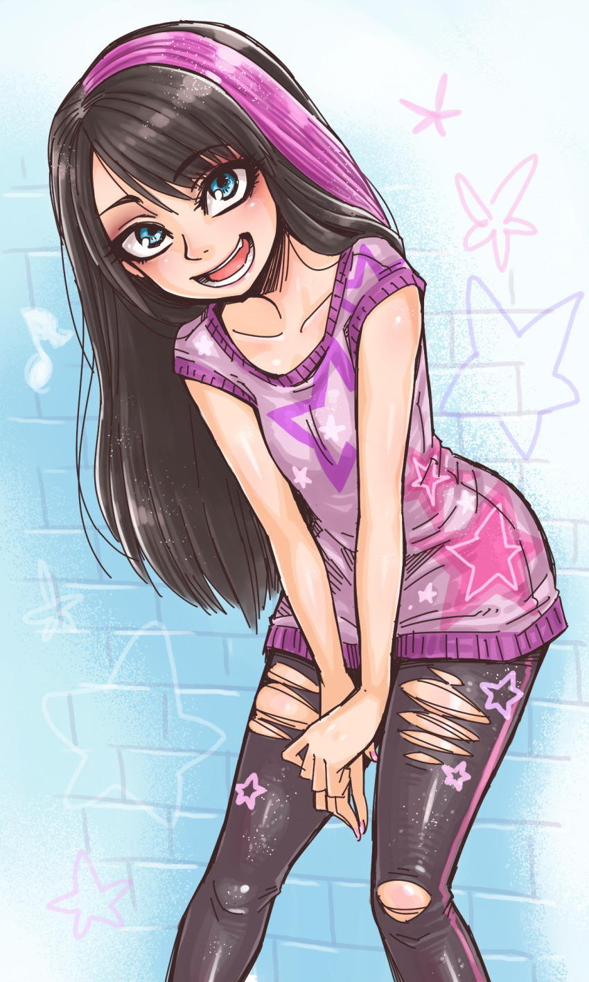 1girl, :d, barbie_(franchise), barbie_dreamhouse_adventures, between_legs, black_leggings, blue_background, blue_eyes, brick_wall, brown_hair, fashion, glitter, hand_between_legs, hands_on_lap, happy, highres, leaning_forward, leggings, looking_at_viewer, multicolored_hair, open_mouth, petite, print_shirt, purple_hair, purple_sweater_vest, shirt, skipper_(barbie), smile, solo, star_(symbol), star_print, streaked_hair, sweater, sweater_vest, teeth, tobatoinu, torn_clothes