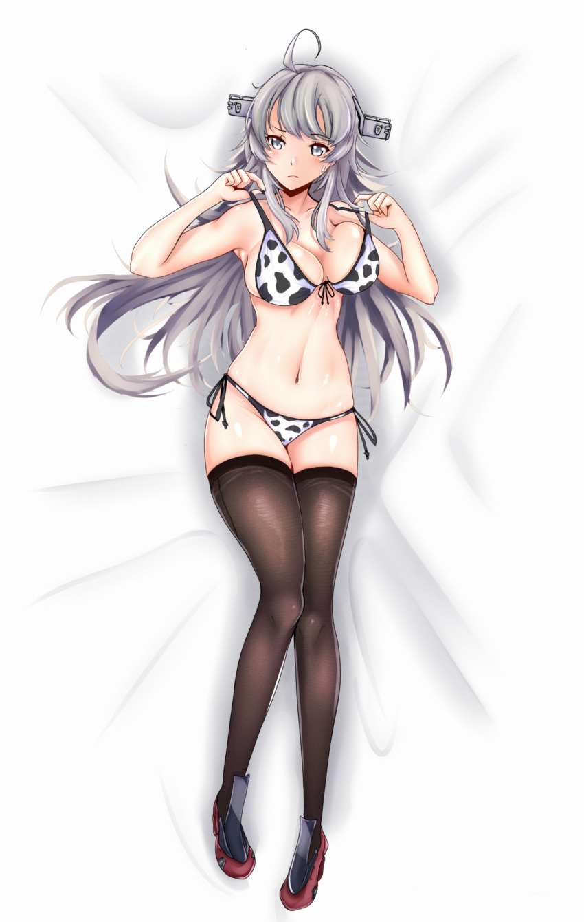 1girl, ahoge, animal_print, bikini, black_thighhighs, breasts, cleavage, commentary_request