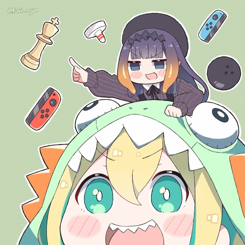 2girls, air_hockey_mallet, amano_pikamee, amano_pikamee_(dinosaur_hoodie), ball, blonde_hair, blue_eyes, blush, blush_stickers, bowling_ball, carrying, chess_piece, commentary, dinosaur_hood, game_controller, green_eyes, green_hair, hat, hololive, hololive_english, joy-con, kukie-nyan, long_hair, multicolored_hair, multiple_girls, ninomae_ina'nis, ninomae_ina'nis_(casual), open_mouth, piggyback, pointing, pointy_ears, purple_hair, sharp_teeth, simple_background, smile, striped_background, teeth, tentacle_hair, twitter_username, two-tone_hair, virtual_youtuber, voms