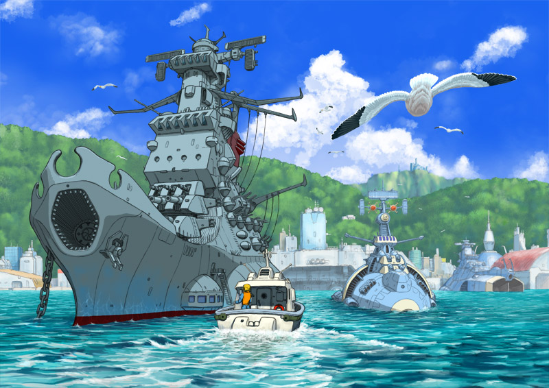 1970s_(style), 1980s_(style), 1boy, battleship, bird, boat, cloud, day, harbor, kinoshita_teitoku, military, military_vehicle, mountain, oldschool, outdoors, retro_artstyle, ship, sky, spacecraft, tree, uchuu_senkan_yamato, warship, water, watercraft, waves, yamato_(uchuu_senkan_yamato)