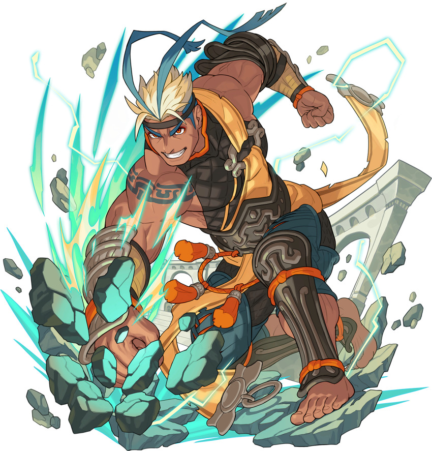 1boy, antenna_hair, arm_up, armor, artist_request, barak_(world_flipper), bare_shoulders, barefoot, belt, black_bodysuit, black_headband, blonde_hair, blue_hair, bodysuit, clenched_hands, dark-skinned_male, dark_skin, electricity, eyeshadow, full_body, greaves, grin, happy, headband, highres, leaning_forward, makeup, male_focus, multicolored_hair, muscular, muscular_male, non-web_source, official_art, on_one_knee, orange_eyes, orange_eyeshadow, pectorals, pelvic_curtain, punching, rope, rubble, short_hair, shoulder_tattoo, sidepec, sleeveless, sleeveless_bodysuit, smile, solo, tattoo, teeth, transparent_background, two-tone_hair, v-shaped_eyebrows, vambraces, world_flipper