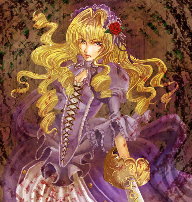 1girl, blonde_hair, blood, cleavage_cutout, clothing_cutout, dress, female_focus, le_chevalier_d'eon