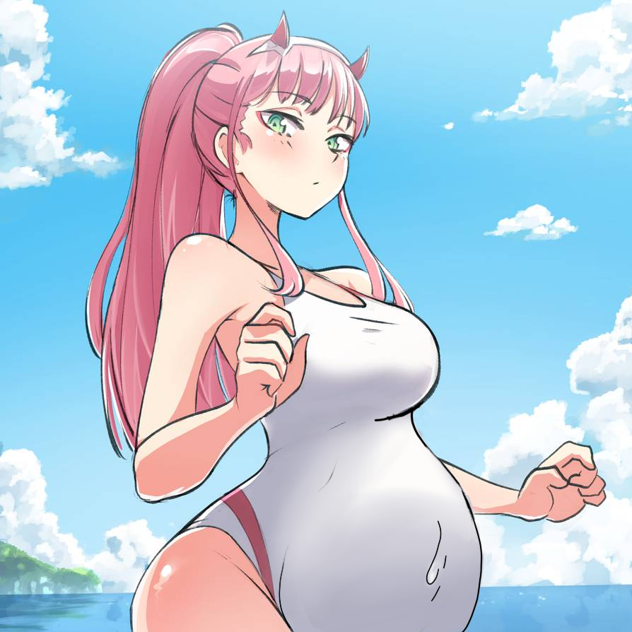 1g_no_izumi, artist_request, beach, blue_sky, blush, breasts, closed_mouth, cloud, competition_swimsuit, covered_navel, darling_in_the_franxx, dot_mouth, from_below, from_side, green_eyes, large_breasts, looking_at_viewer, looking_to_the_side, ocean, one-piece_swimsuit, outdoors, pink_hair, ponytail, pregnant, sky, standing, swimsuit, water, wet, wet_clothes, wet_swimsuit, white_one-piece_swimsuit, zero_two_(darling_in_the_franxx)
