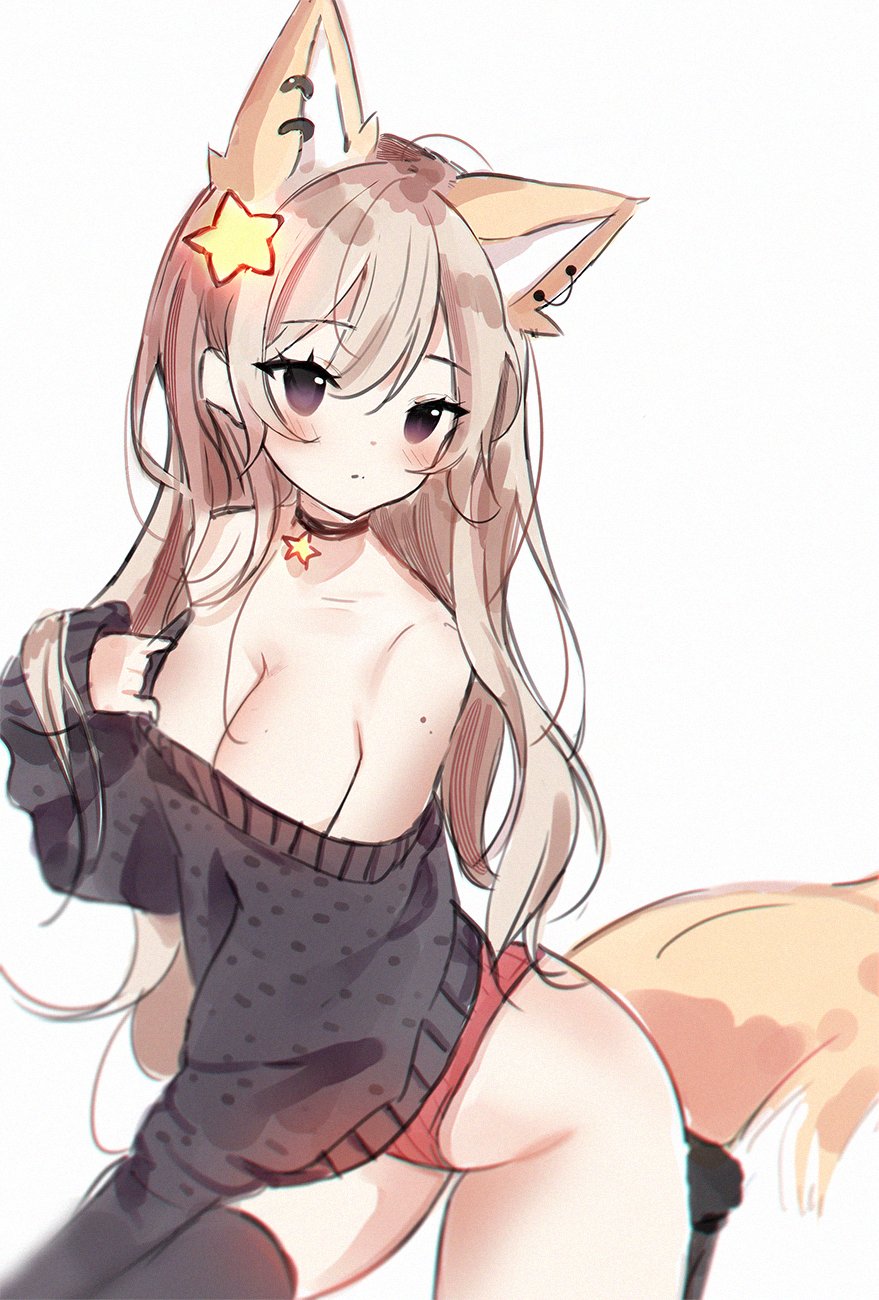 1girl, animal_ears, annytf, anyuu, black_sweater, black_thighhighs, blush, breasts