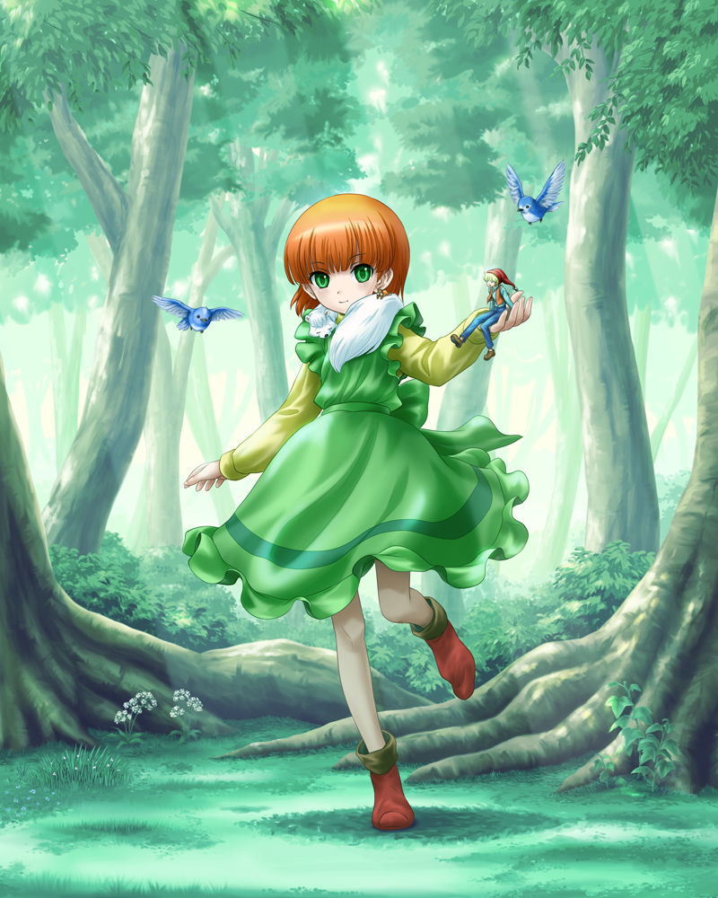 1boy, 1girl, animal, bird, bird_request, blonde_hair, blue_pants, blue_shirt, bob_cut, bush, carrot_(nils), closed_mouth, commentary_request, crossover, dappled_sunlight, dress, eichikei_(hakuto), flower, forest, grass, green_dress, green_eyes, hamster, holding_person, ivy, leg_up, light_smile, lily_(spoon_oba-san), long_sleeves, looking_at_viewer, mini_person, miniboy, mink_(animal), multicolored_footwear, nature, nils_holgersson, nils_no_fushigi_no_tabi, open_clothes, open_mouth, open_vest, orange_hair, orange_vest, outdoors, pants, pointy_boots, pointy_hat, red_headwear, shirt, short_hair, sitting, spoon_oba-san, spoon_oba-san_(series), standing, sunlight, tree, vest