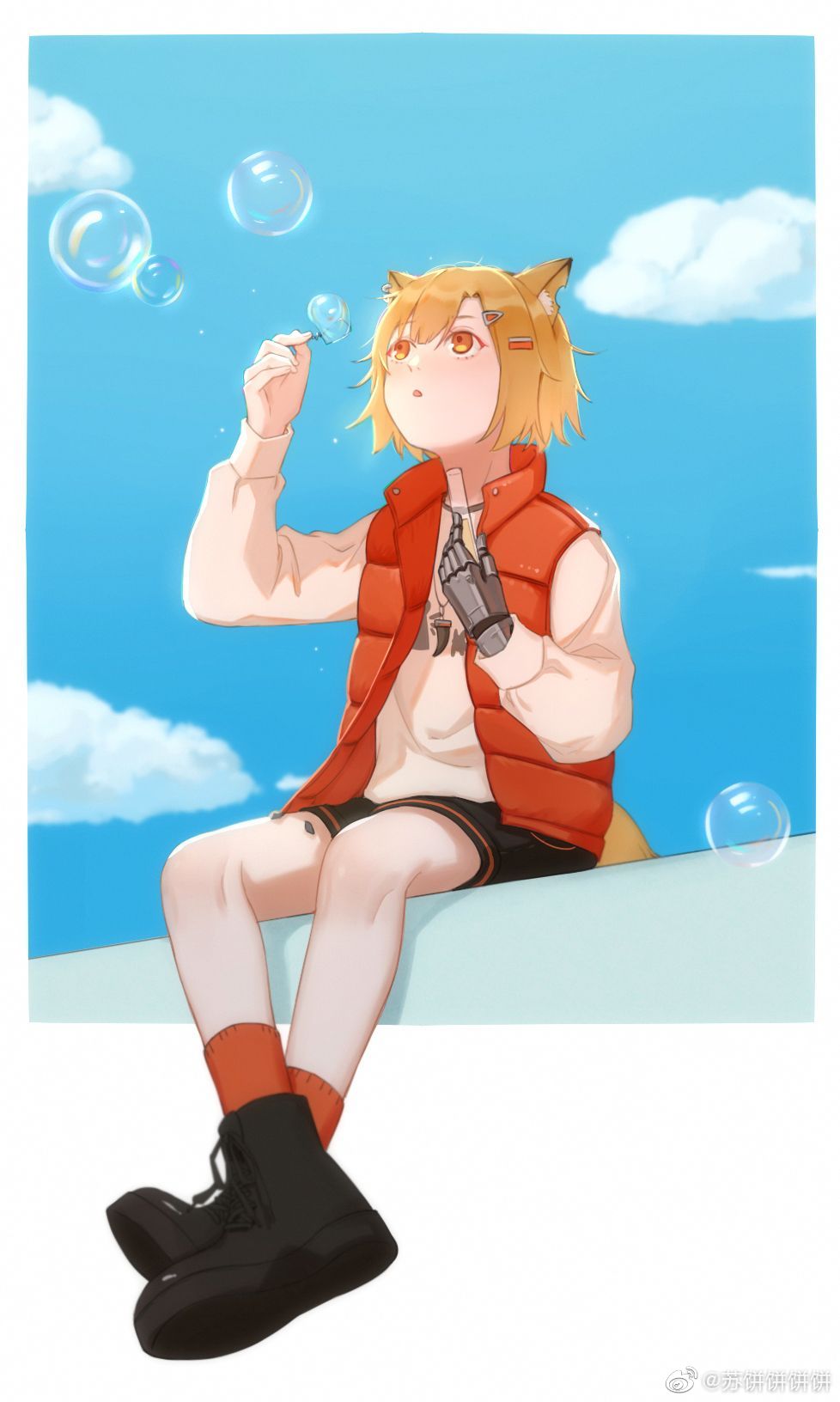 1girl, animal_ears, arknights, black_boots, black_shorts, blowing_bubbles, blue_sky, boots, border, chinese_commentary, cloud, ear_piercing, fox_ears, fox_girl, fox_tail, full_body, hair_ornament, hairclip, highres, holding, jewelry, kiscript, looking_up, material_growth, necklace, notched_ear, open_mouth, orange_eyes, orange_hair, orange_socks, orange_vest, oripathy_lesion_(arknights), outdoors, piercing, prosthesis, prosthetic_arm, shirt, short_hair, shorts, sitting, sky, socks, solo, tail, tooth_necklace, vermeil_(arknights), vest, watermark, weibo_watermark, white_border, white_shirt