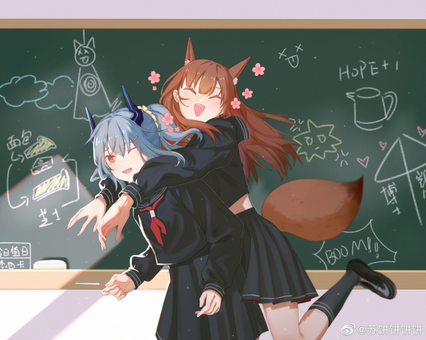 2girls, animal_ear_fluff, animal_ears, arknights, black_footwear, black_legwear, black_serafuku, black_shirt, black_skirt, chalkboard, chinese_commentary, closed_eyes, dragon_horns, extra_ears, fang, flower, foot_up, fox_ears, fox_girl, fox_tail, franka_(arknights), grey_hair, hair_ornament, hairclip, highres, horns, indoors, kiscript, liskarm_(arknights), multiple_girls, neckerchief, one_eye_closed, open_mouth, orange_eyes, pleated_skirt, ponytail, red_neckerchief, school_uniform, serafuku, shirt, shoes, skin_fang, skirt, socks, tail, watermark, weibo_watermark