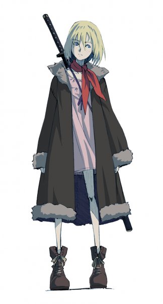 1girl, blonde_hair, coat, female_focus, first_squad, katana, nadya, neckerchief