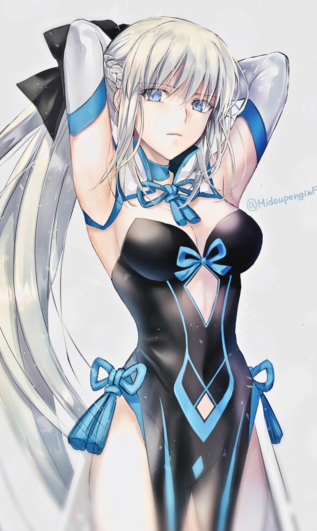 1girl, armpits, arms_behind_head, arms_up, black_bow, black_dress, blue_eyes, bow