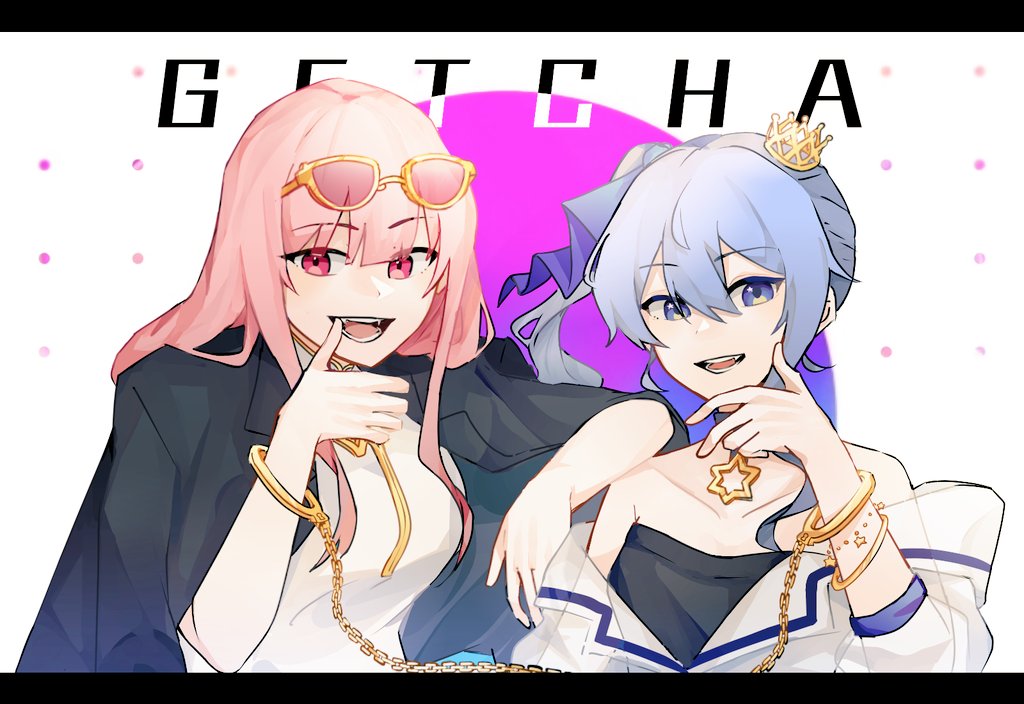 2girls, black_jacket, blue_eyes, blue_hair, bracelet, breasts, collarbone, commentary