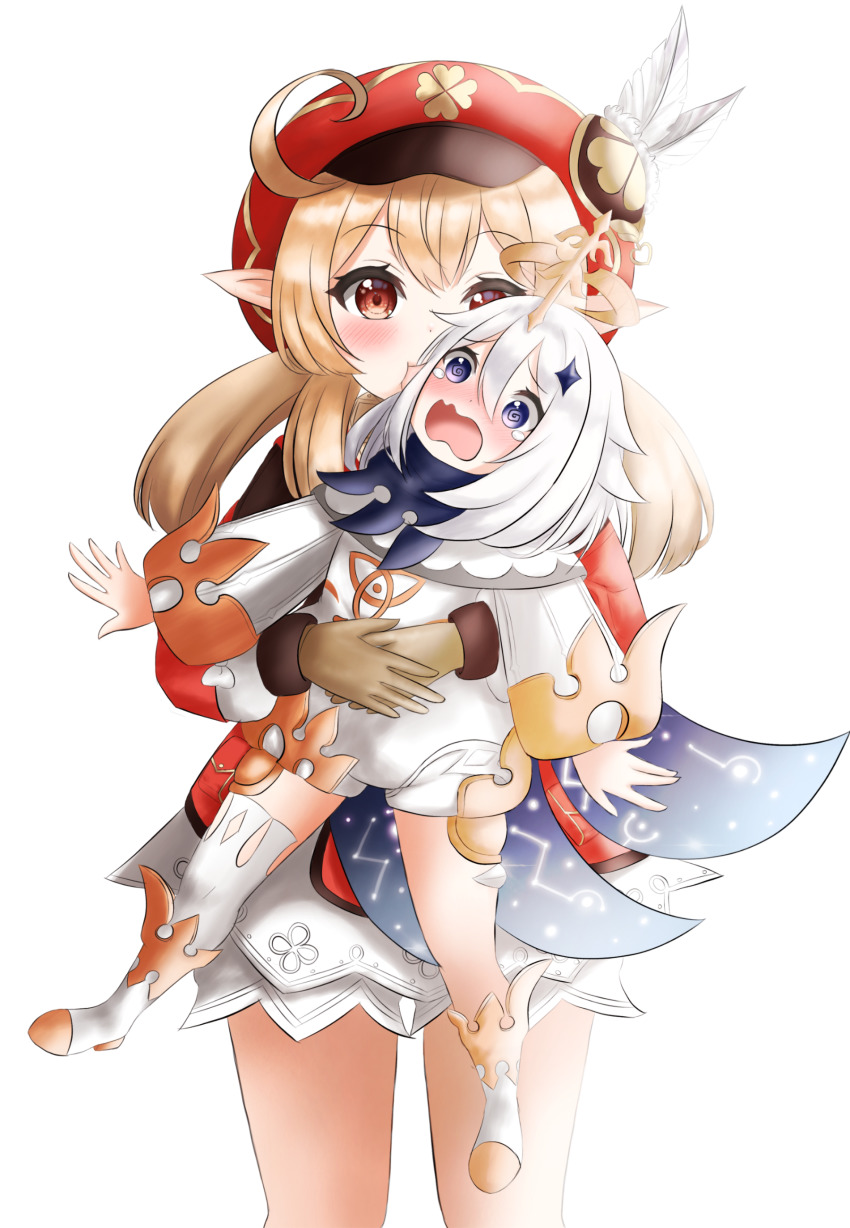 2girls, :o, absurdres, ahoge, biting, black_scarf, blush, brown_eyes