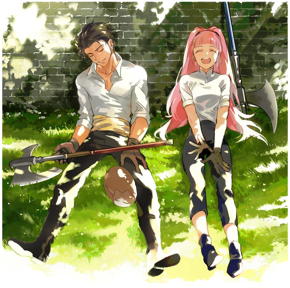 1boy, 1girl, alternate_costume, axe, black_hair, cat, claude_von_riegan, fire_emblem, fire_emblem:_three_houses, gotou_(pixiv37128), hilda_valentine_goneril, hilda_valentine_goneril_(timeskip), holding, holding_axe, holding_weapon, long_hair, nintendo, on_ground, pink_hair, sitting, slice_of_life, weapon