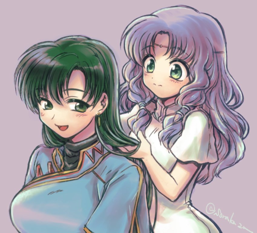 2girls, blue_dress, blush, closed_mouth, dress, earrings, fire_emblem, fire_emblem:_the_blazing_blade, florina_(fire_emblem), green_eyes, green_hair, highres, holding_another's_hair, jewelry, light_purple_hair, long_hair, looking_at_another, looking_back, lyn_(fire_emblem), multiple_girls, nintendo, open_mouth, smile, sorakaza, wavy_hair, white_dress