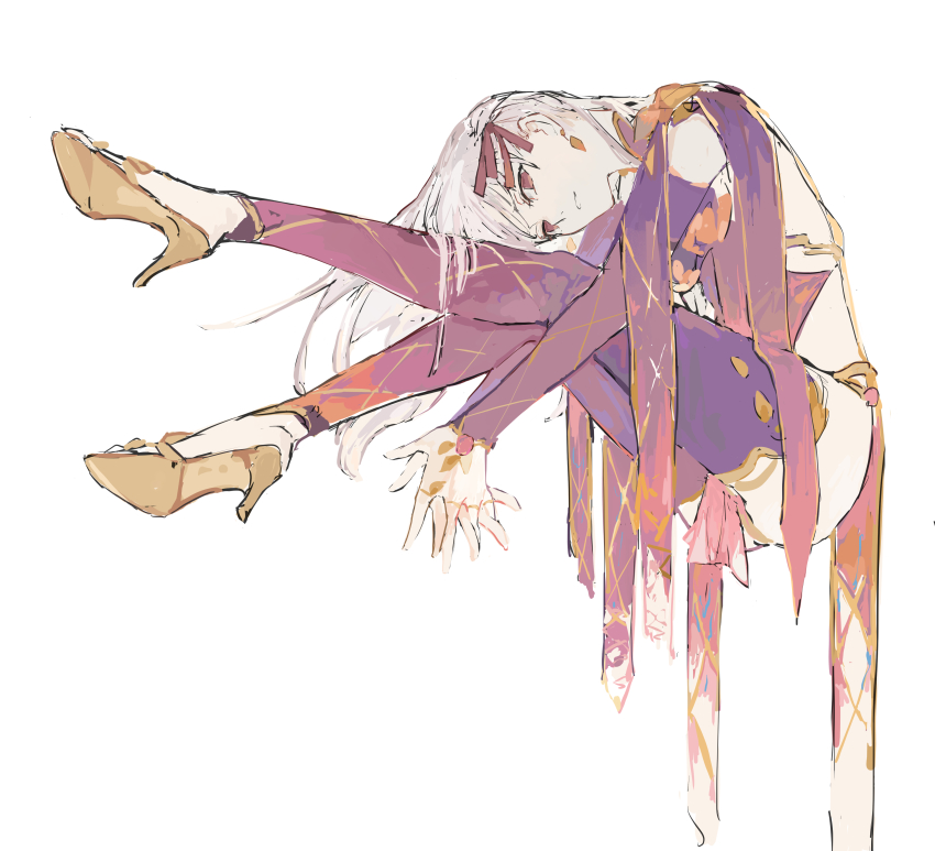 1girl, absurdres, earrings, fate/grand_order, fate_(series), hair_ribbon, high_heels, highres, jewelry, kama_(assassin)_(second_ascension)_(fate), kama_(fate), kama_(second_ascension)_(fate), kama_(teenager)_(fate), kneehighs, long_hair, looking_up, red_eyes, revealing_clothes, ribbon, socks, solo, surume_(su1193), white_hair