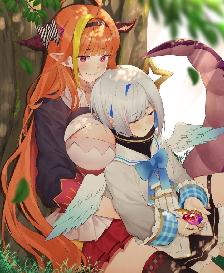2girls, ahoge, amane_kanata, amane_kanata_(1st_costume), angel, angel_wings, between_breasts, blonde_hair, blue_hair, blue_neckwear, blue_wings, blunt_bangs, blush, bow, bowtie, breasts, brooch, brown_hairband, cleavage_cutout, closed_eyes, closed_mouth, clothing_cutout, collared_shirt, colored_inner_hair, commentary_request, dappled_sunlight, diagonal-striped_bow, dragon_girl, dragon_horns, dragon_tail, falling_leaves, fangs, feathered_wings, feet_out_of_frame, gem, gingham_clothes, gingham_sleeves, glint, gradient_wings, grey_jacket, hairband, halo, head_between_breasts, highres, holding, holding_jewelry, hololive, horn_bow, horn_ornament, horns, jacket, jewelry, kiryu_coco, kiryu_coco_(1st_costume), large_breasts, leaf, long_hair, long_sleeves, miniskirt, multicolored_hair, multicolored_wings, multiple_girls, orange_hair, pink_hair, pleated_skirt, pointy_ears, red_eyes, red_skirt, sailor_collar, shirt, short_hair, sidelocks, silver_hair, single_hair_intake, single_thighhigh, skin_fangs, skirt, sleeping, sleeping_on_person, sleeping_upright, smile, star_halo, streaked_hair, striped_bow, sunlight, tail, thigh_strap, thighhighs, tree, tree_shade, turtleneck, under_tree, very_long_hair, virtual_youtuber, white_shirt, white_wings, wings, yuya_(yuya_illust)