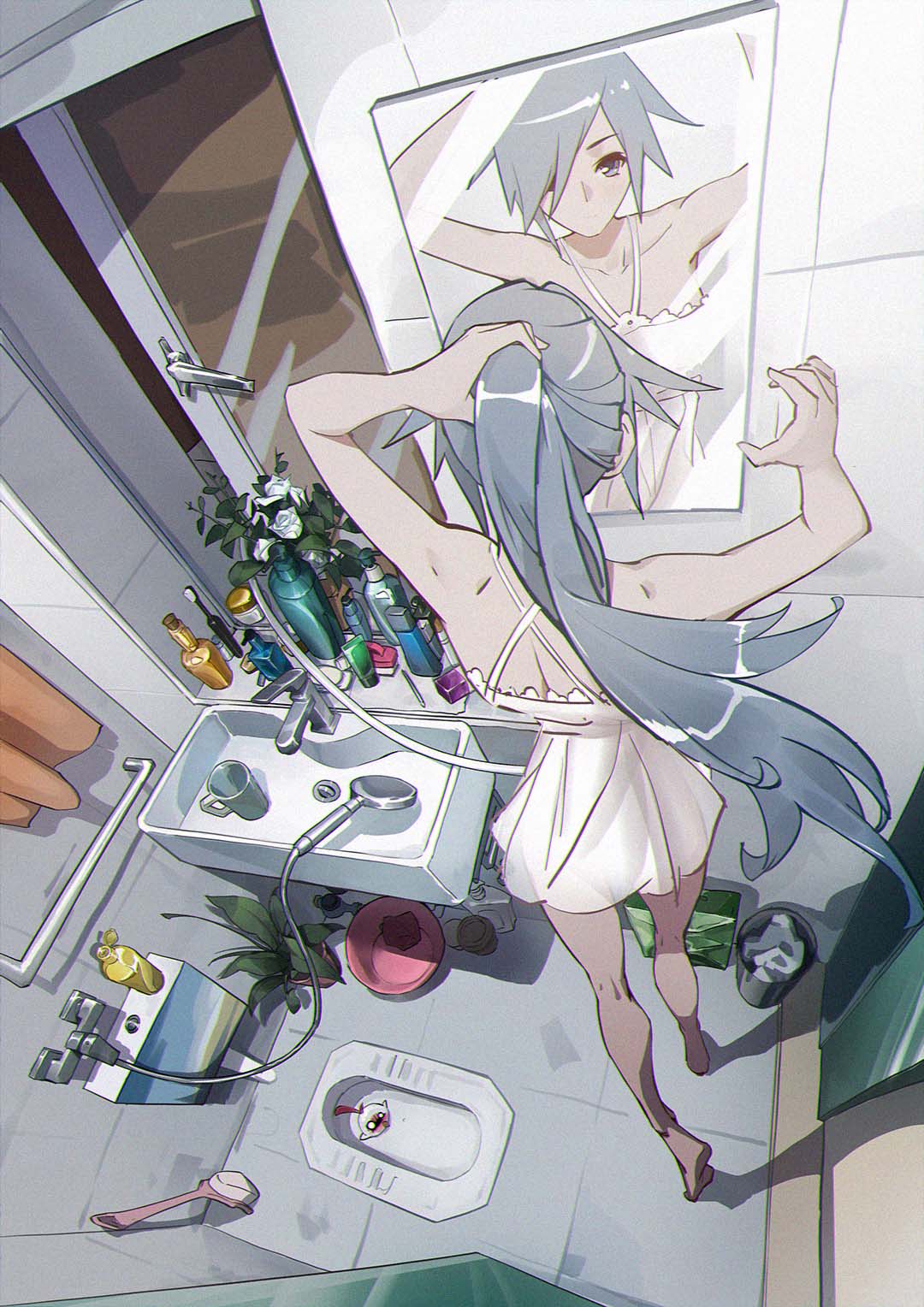 1girl, adjusting_hair, alternate_eye_color, bird, black_hair, chicken, cup, fu_hua