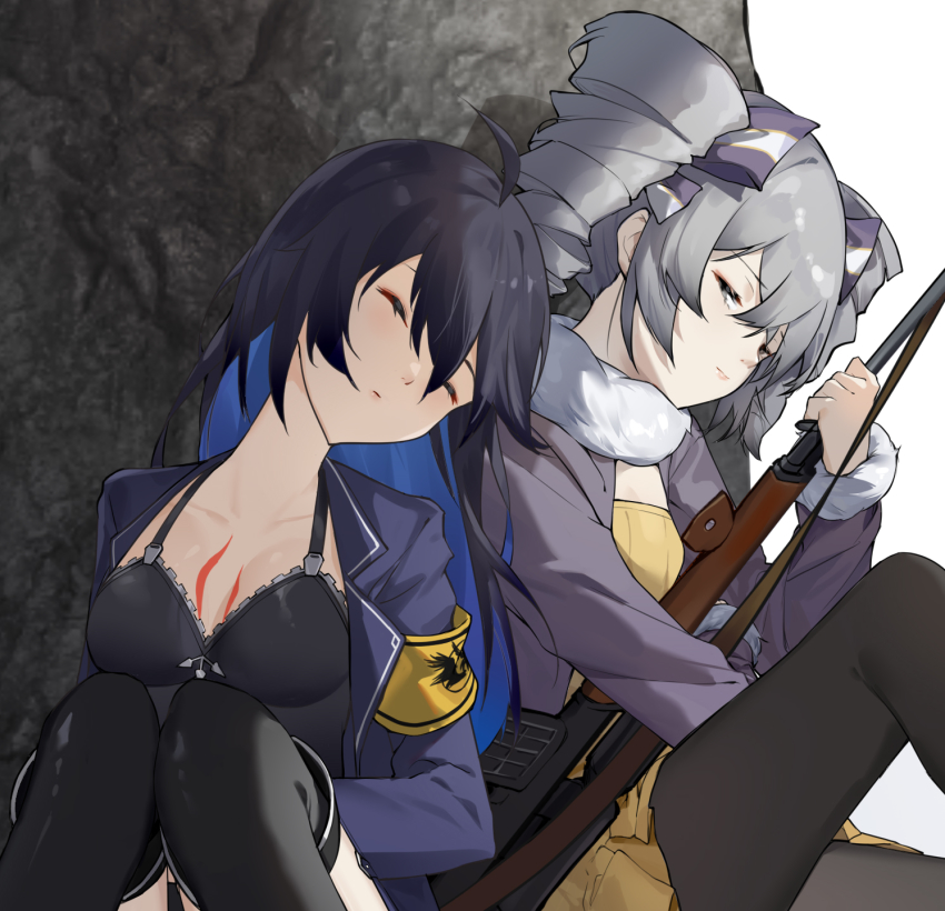 2girls, antenna_hair, honkai_gakuen, black_socks, blue_hair, blue_jacket, breasts, bronya_zaychik