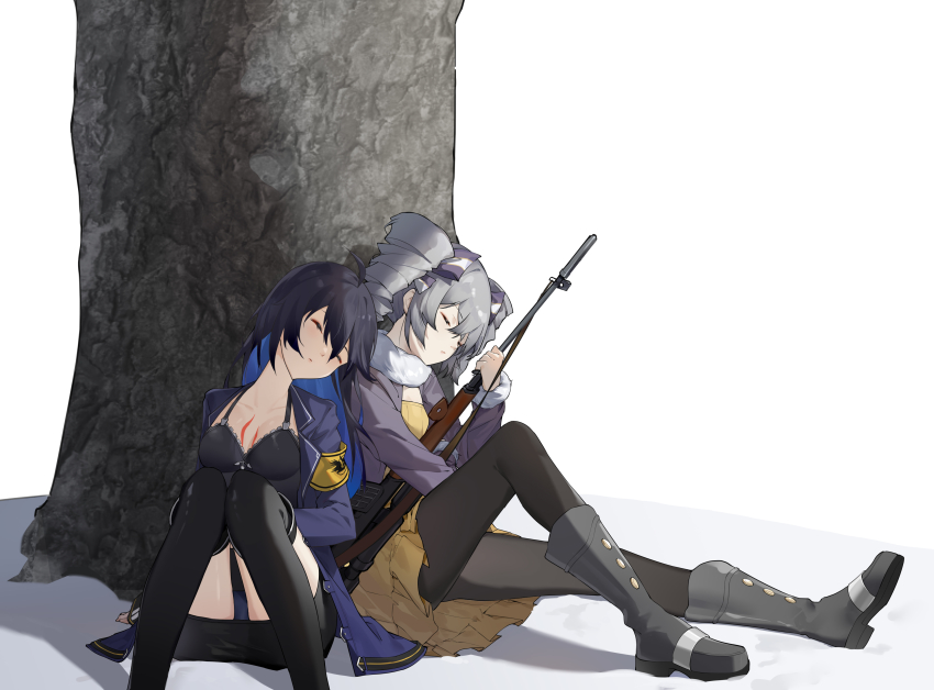2girls, absurdres, antenna_hair, honkai_gakuen, black_socks, blue_hair, blue_jacket, boots