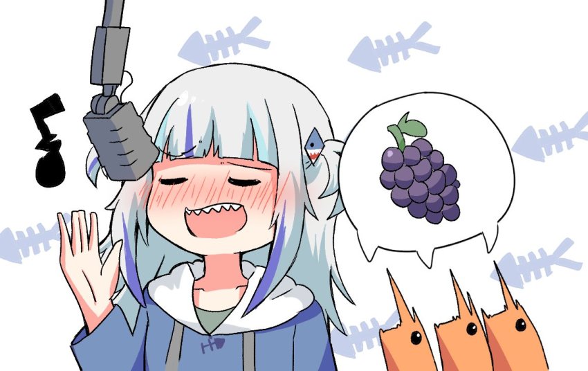 1girl, alin_laphel, blue_hair, blush, food, fruit, gawr_gura, gawr_gura_(1st_costume)