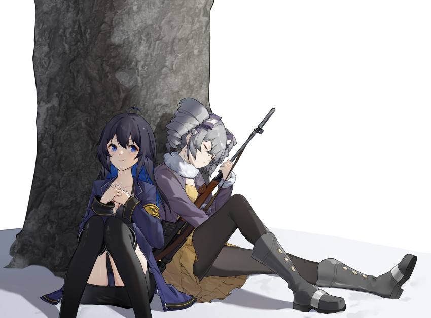 2girls, absurdres, antenna_hair, honkai_gakuen, black_socks, blue_eyes, blue_hair, blue_jacket