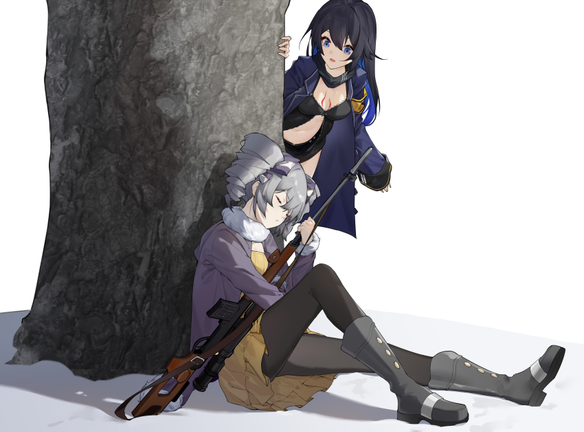 2girls, absurdres, honkai_gakuen, blue_eyes, blue_hair, blue_jacket, boots, breasts