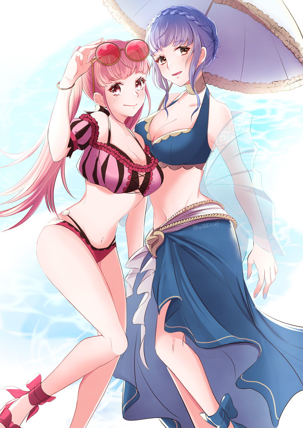 2girls, alternate_costume, bikini, blue_hair, blush, braid, brown_eyes, female_focus, fire_emblem, fire_emblem:_three_houses, fire_emblem_heroes, highres, hilda_valentine_goneril, hilda_valentine_goneril_(summer), long_hair, long_skirt, marianne_von_edmund, marianne_von_edmund_(summer), matching_hair/eyes, midriff, multiple_girls, navel, nintendo, ocean, off-shoulder_bikini, off_shoulder, official_alternate_costume, parasol, pink_eyes, pink_hair, skirt, smile, sunglasses, sunglasses_on_head, swimsuit, twintails, umbrella, yutohiroya