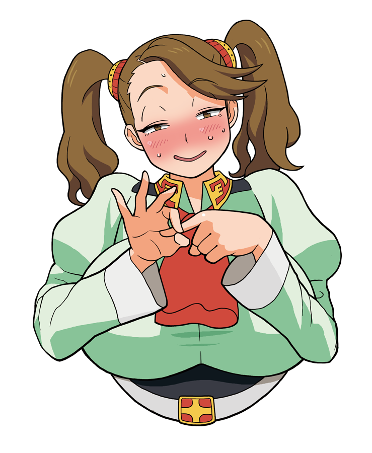 1girl, :d, blush, breasts, brown_eyes, brown_hair, gundam, gundam_build_fighters, gundam_build_fighters_try, hands_up, huge_breasts, juliet_sleeves, long_hair, long_sleeves, looking_at_viewer, motion_lines, naughty_face, noumiso, open_mouth, parted_lips, penetration_gesture, puffy_sleeves, sazaki_kaoruko, simple_background, smile, solo, sweatdrop, twintails, white_background