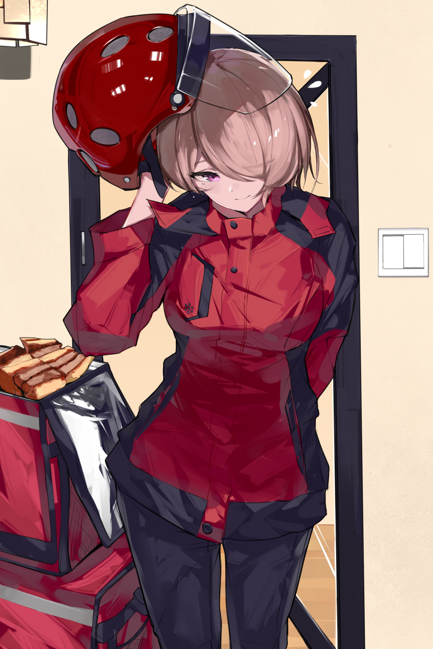 1girl, absurdres, brown_hair, closed_mouth, delivery, door, evzeva, hair_over_one_eye