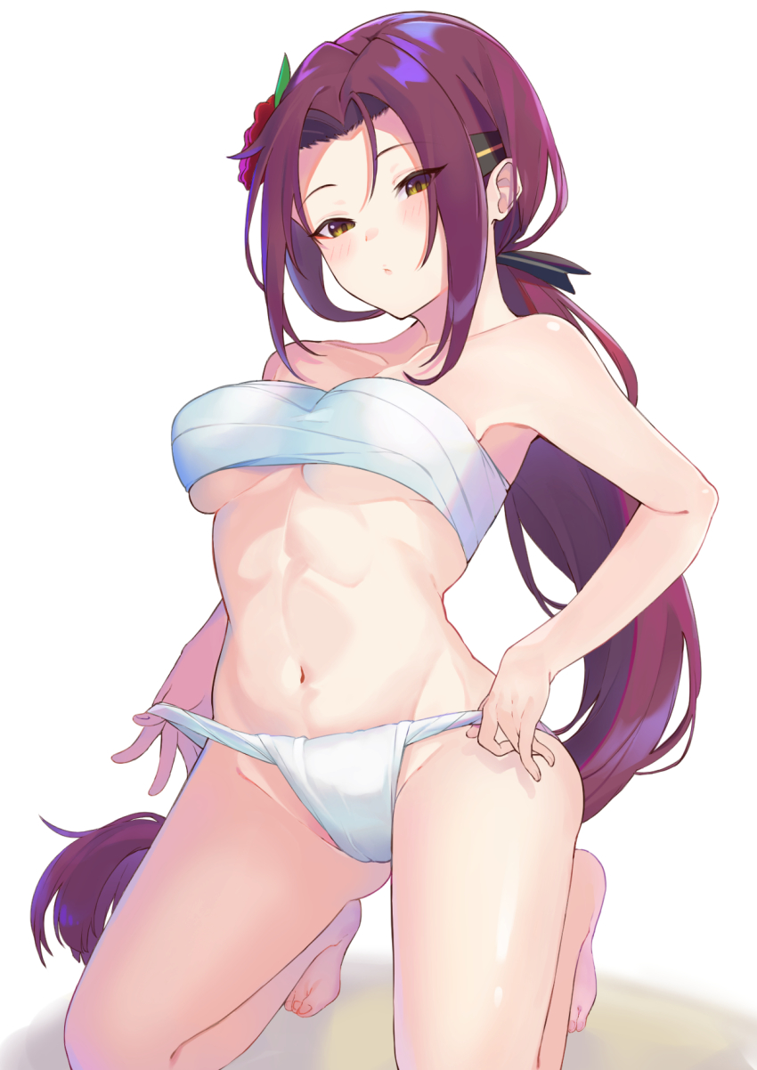 1girl, barefoot, bikini, blush, breasts, fundoshi, hair_ornament, highres