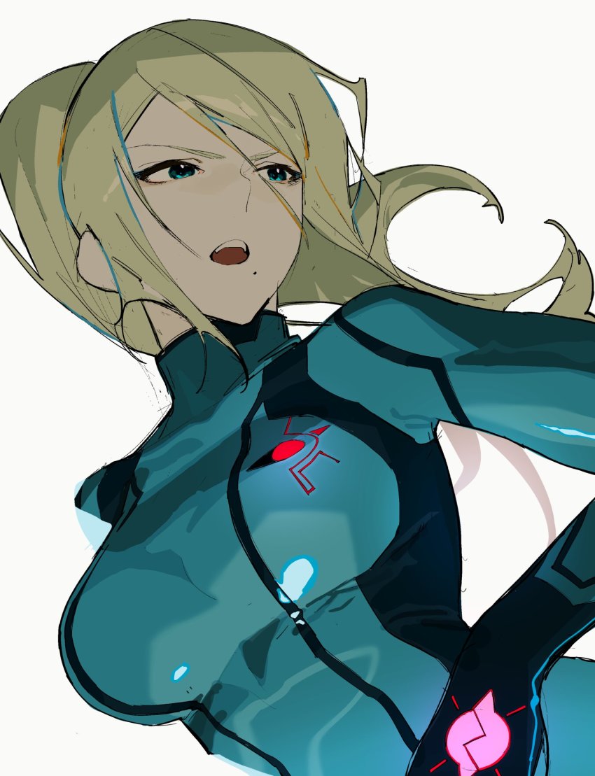 1girl, blonde_hair, blue_bodysuit, blue_eyes, bodysuit, breasts, high_ponytail, highres, large_breasts, long_hair, metroid, mole, mole_under_mouth, nintendo, open_mouth, ponytail, samus_aran, simple_background, solo, souitiroukirari, upper_body, white_background, zero_suit