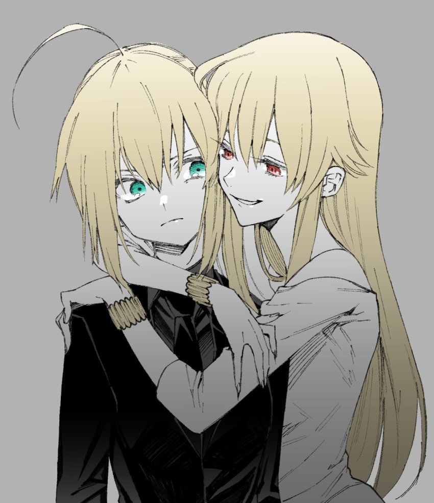 2girls, ahoge, arm_around_neck, artoria_pendragon_(fate), black_jacket, black_neckwear, blonde_hair, closed_mouth