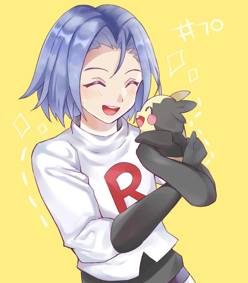 1boy, ^_^, carrying, closed_eyes, gen_8_pokemon, happy, james_(pokemon), momosuzurina, morpeko, nintendo, pokemon, pokemon_(anime), pokemon_(creature), simple_background, smile, team_rocket, yellow_background