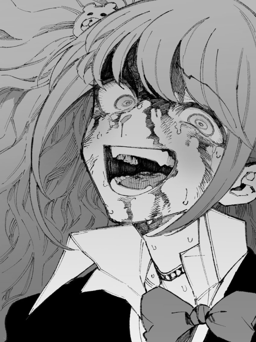 1girl, bear_hair_ornament, blood, blood_on_face, bow, bowtie, choker, commentary_request