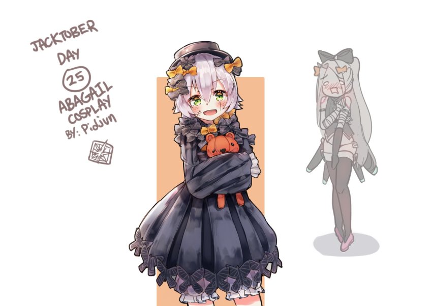 2girls, abigail_williams_(fate), abigail_williams_(first_ascension)_(fate), bandaged_arm, bandages, black_dress, black_headwear, bloomers