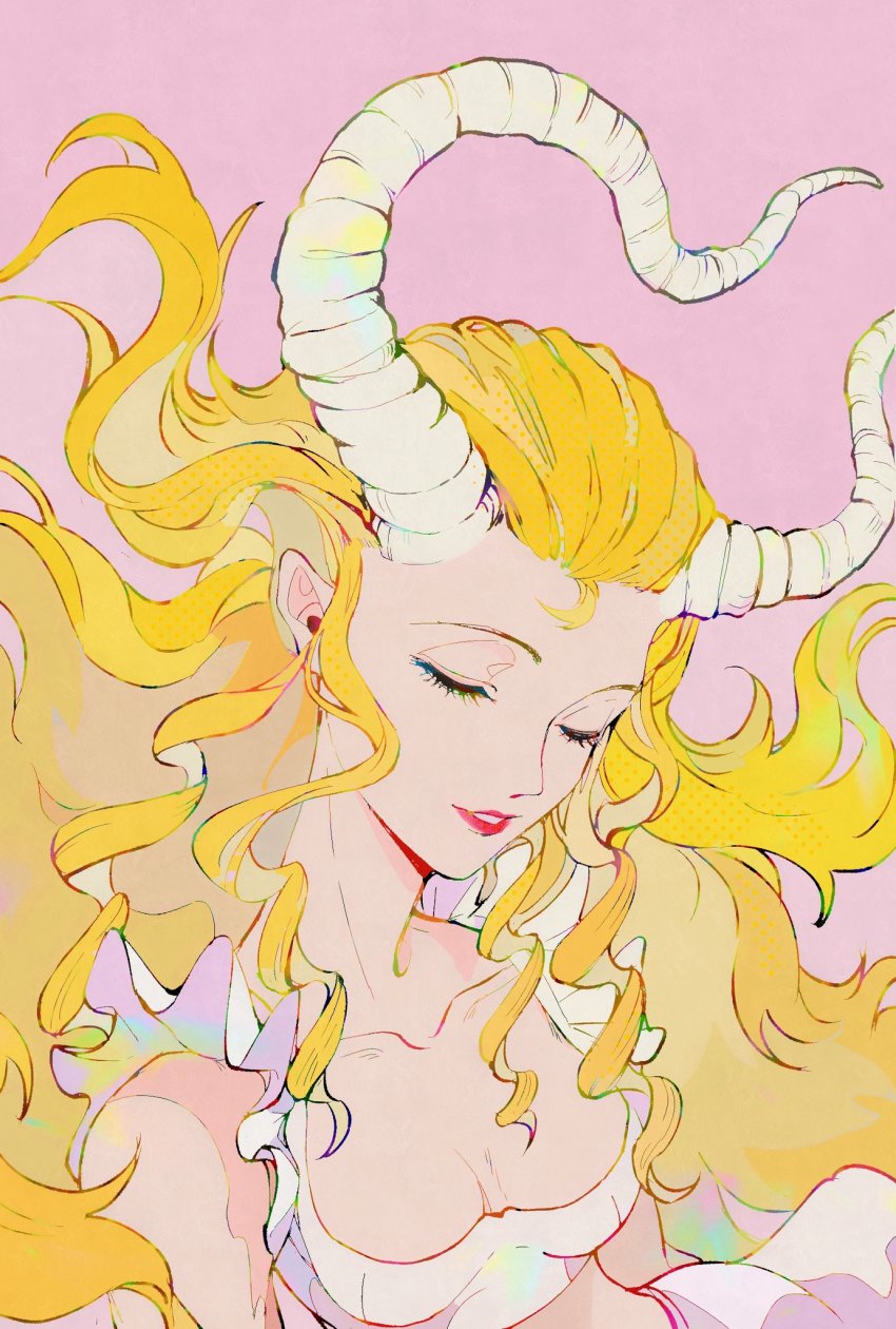 1girl, blonde_hair, breasts, cleavage, closed_eyes, demon_(megami_tensei), demon_girl, demon_horns