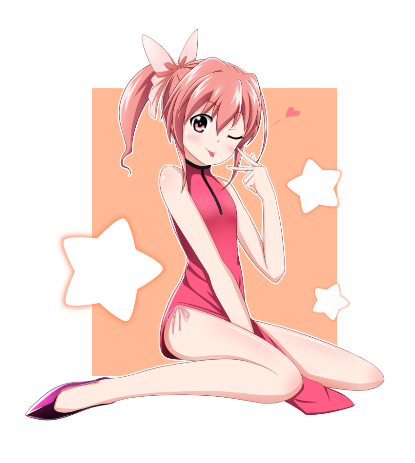 1girl, ;p, bow, character_request, china_dress, chinese_clothes, dress, full_body