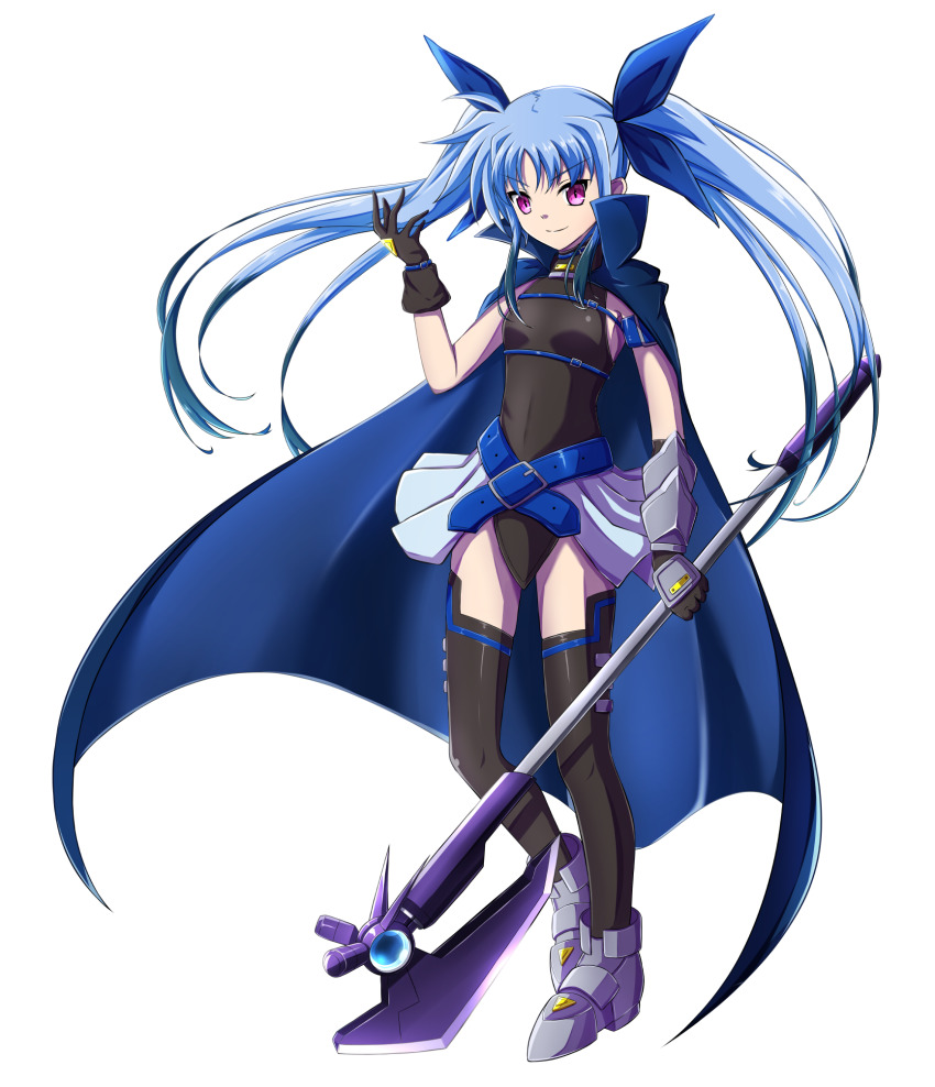 1girl, armored_boots, belt_bra, black_leotard, black_thighhighs, blue_bow, blue_cape, blue_hair