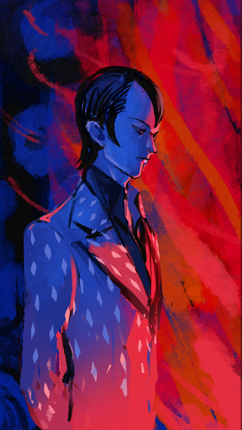 1boy, arms_behind_back, black_hair, blue_background, collared_shirt, eyelashes, formal_clothes, highres