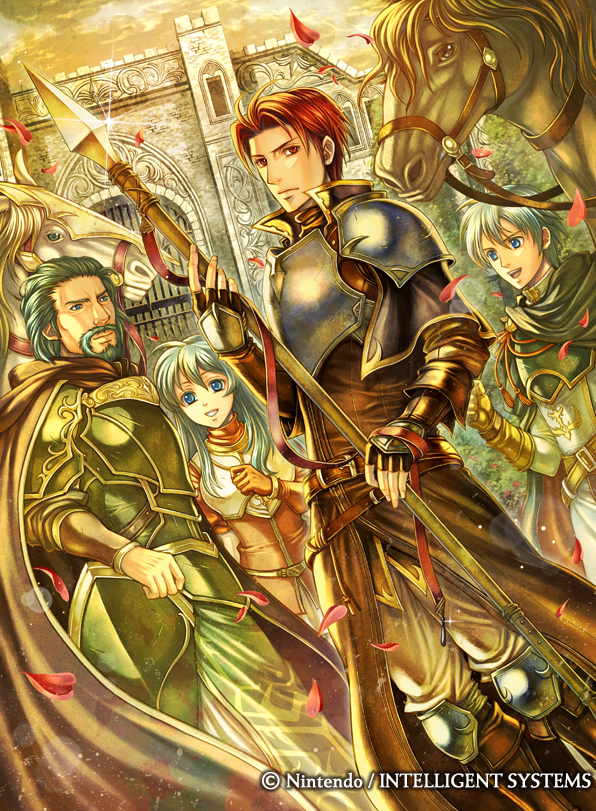 1girl, 3boys, beard, blue_hair, castle, company_name, eirika_(fire_emblem), ephraim_(fire_emblem)
