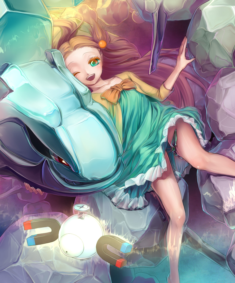 00s, 1girl, aqua_eyes, bad_id, bad_pixiv_id, bare_legs, barefoot, bow, dress, gen_1_pokemon, gen_2_pokemon, gym_leader, highres, jasmine_(pokemon), legs, magnemite, minami_(apricot_tea), nintendo, one_eye_closed, open_mouth, pokemon, pokemon_(creature), pokemon_heartgold_and_soulsilver, pokemon_team, smile, steelix, wink