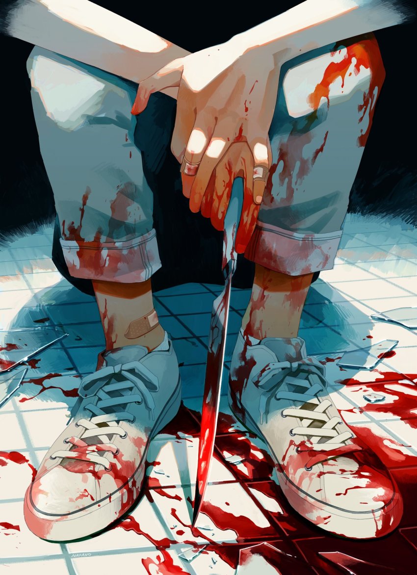 bandaid, bandaid_on_hand, bandaid_on_leg, blood, broken_glass, glass, highres, holding, holding_hands, holding_weapon, knife, nakano_kaworu, original, out_of_frame, pants, pants_rolled_up, pointing, pointing_down, pointing_melee_weapon, shoes, sneakers, socks, solo, squatting, stain, stained_clothes, weapon, white_socks