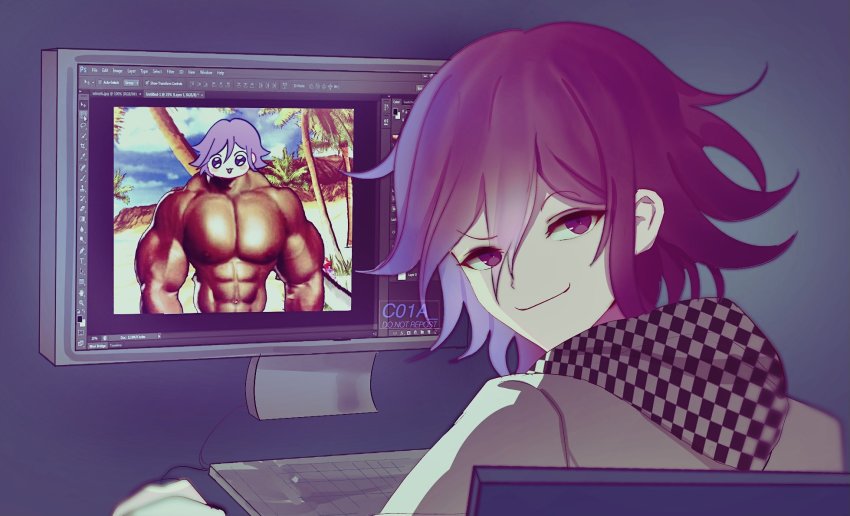 1boy, abs, artist_name, black_background, c01a_(cola), chair, checkered_clothes, checkered_scarf, closed_mouth, commentary, computer, danganronpa_(series), danganronpa_s:_ultimate_summer_camp, danganronpa_v3:_killing_harmony, english_commentary, grey_jacket, highres, jacket, computer_keyboard, looking_at_viewer, looking_back, male_focus, monitor, muscular, oma_kokichi, palm_tree, photoshop_(program), pink_hair, purple_eyes, purple_hair, scarf, short_hair, sitting, smile, smug, solo, tree, upper_body
