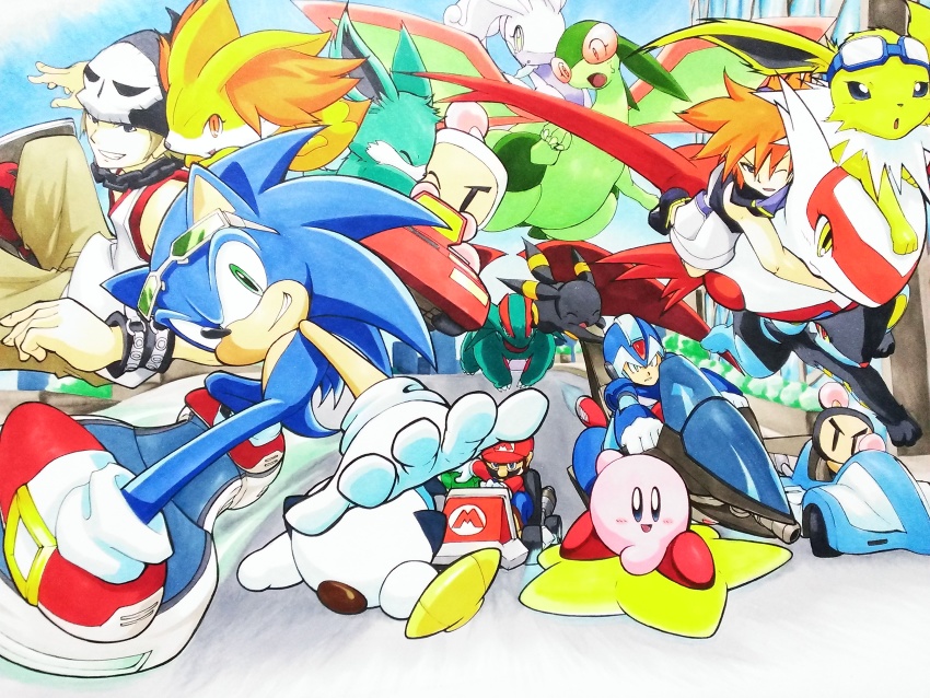 025aki, absurdres, arms_around_neck, beanie, bito_daisukenojo, bomberman, capcom, chain, chain_necklace, city, crossover, driving, facial_hair, fennekin, flygon, flying, gen_1_pokemon, gen_2_pokemon, gen_3_pokemon, gen_4_pokemon, gen_5_pokemon, gen_6_pokemon, goggles, goggles_on_head, goodra, grin, hanging_on, hat, highres, hoverboard, jewelry, jolteon, kirby, kirby_(series), konami, latias, legendary_pokemon, luxray, mario, mario_(series), mario_kart, mega_man_x_(series), mustache, necklace, nintendo, open_mouth, orange_hair, oshawott, outdoors, pokemon, pokemon_(creature), racing, riding, riding_pokemon, sakuraba_neku, salamence, sega, skateboard, skateboarding, skull_print, smile, sonic_(series), sonic_the_hedgehog, spiked_hair, subarashiki_kono_sekai, sunglasses_on_head, umbreon, white_bomberman, x_(mega_man)