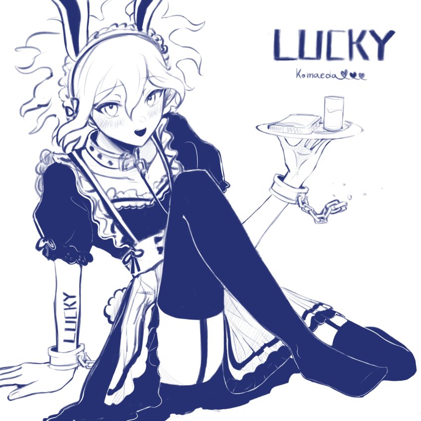 1boy, :d, a_po_(liuxiaobo0413), alternate_costume, animal_ears, apron, blush, broken, broken_chain, chain, character_name, collar, collarbone, commentary_request, crossdressing, crossdressing_(mtf), cuffs, danganronpa_(series), danganronpa_2:_goodbye_despair, dress, english_text, enmaided, fake_animal_ears, garter_straps, highres, holding, holding_plate, knee_up, komaeda_nagito, leash, looking_at_viewer, maid, maid_headdress, male_focus, male_maid, medium_hair, messy_hair, monochrome, no_shoes, open_mouth, plate, puffy_sleeves, rabbit_ears, rabbit_tail, short_sleeves, smile, solo, tail, thighhighs, waist_apron