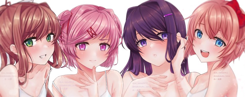 4girls, :d, absurdres, artist_name, blue_eyes, blush, bow, brown_hair, camisole, doki_doki_literature_club, green_eyes, hair_bow, hair_ornament, hairclip, highres, long_hair, looking_at_viewer, mi_tarou0412, monika_(doki_doki_literature_club), multiple_girls, natsuki_(doki_doki_literature_club), open_mouth, pink_eyes, pink_hair, ponytail, purple_eyes, purple_hair, red_bow, sayori_(doki_doki_literature_club), scar, self-harm_scar, short_hair, smile, twintails, white_bow, white_camisole, yuri_(doki_doki_literature_club)