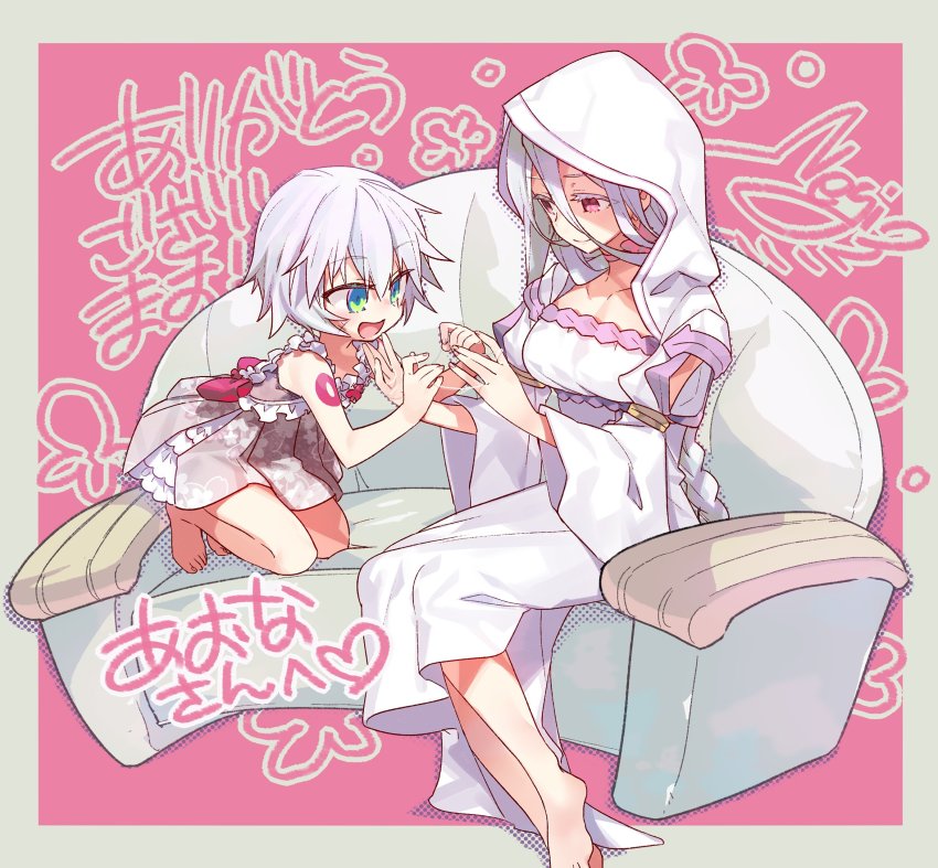 2girls, :d, albino, bare_legs, barefoot, blue_eyes, border, bow