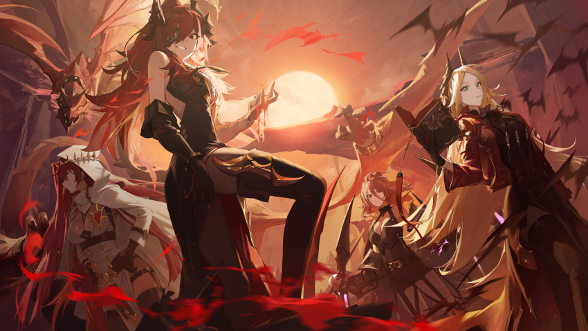 4girls, absurdres, alchemy_stars, black_gloves, blonde_hair, blue_eyes, book, boots, breasts, cleavage, cloak, elbow_gloves, eyepatch, gauntlets, gloves, green_eyes, hair_between_eyes, highres, hood, hooded_cloak, huge_filesize, large_breasts, leona_(alchemy_stars), long_hair, looking_at_viewer, medium_breasts, modare, multiple_girls, open_book, pact_(alchemy_stars), pelvic_curtain, red_eyes, red_hair, sharp_teeth, teeth, thigh_boots, thighhighs, true_order_(alchemy_stars), victoria_(alchemy_stars), wrath_(alchemy_stars)