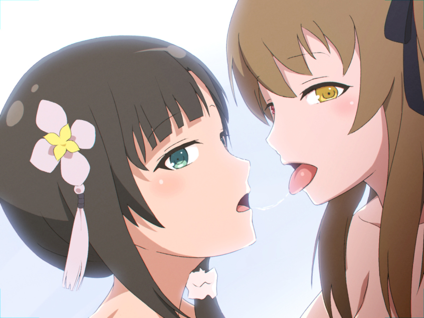 2girls, after_kiss, assault_lily, blue_background, blush, brown_hair, depa_mi, female_focus, flower, green_eyes, hair_flower, hair_ornament, hair_ribbon, heterochromia, kiss, kuo_shenlin, long_hair, looking_at_viewer, multiple_girls, ribbon, saliva, saliva_trail, simple_background, tongue, tongue_out, upper_body, wang_yujia, yuri