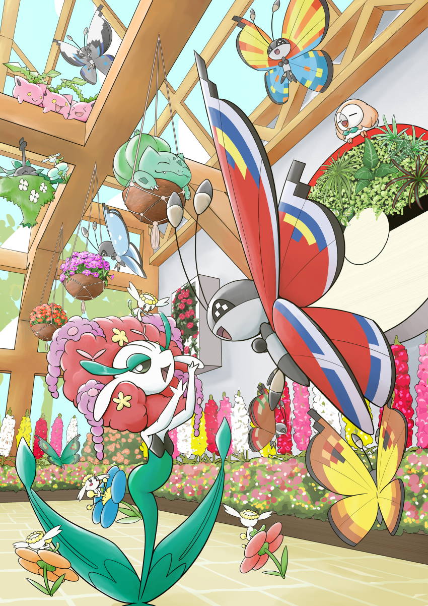 :d, absurdres, bug, bulbasaur, butterfly, commentary_request, flabebe, flabebe_(blue_flower)